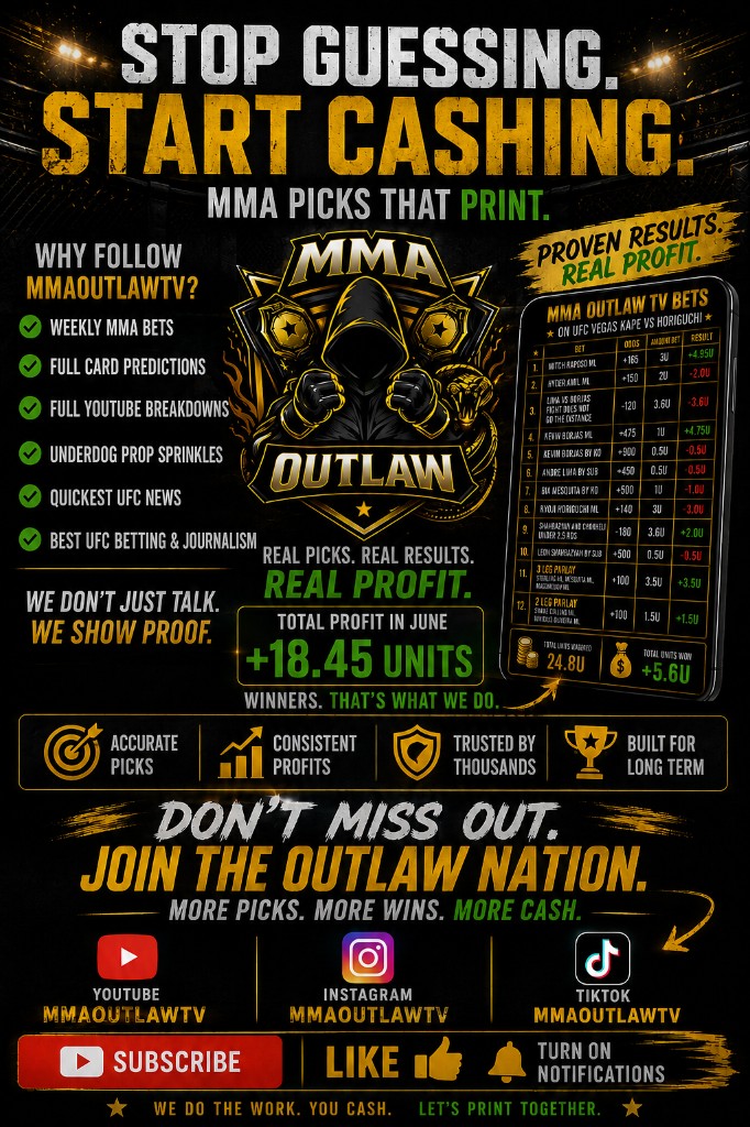 MMA Outlaw TV — UFC betting picks, full card predictions, and proven results. Follow @MMAOUTLAWTV on YouTube.